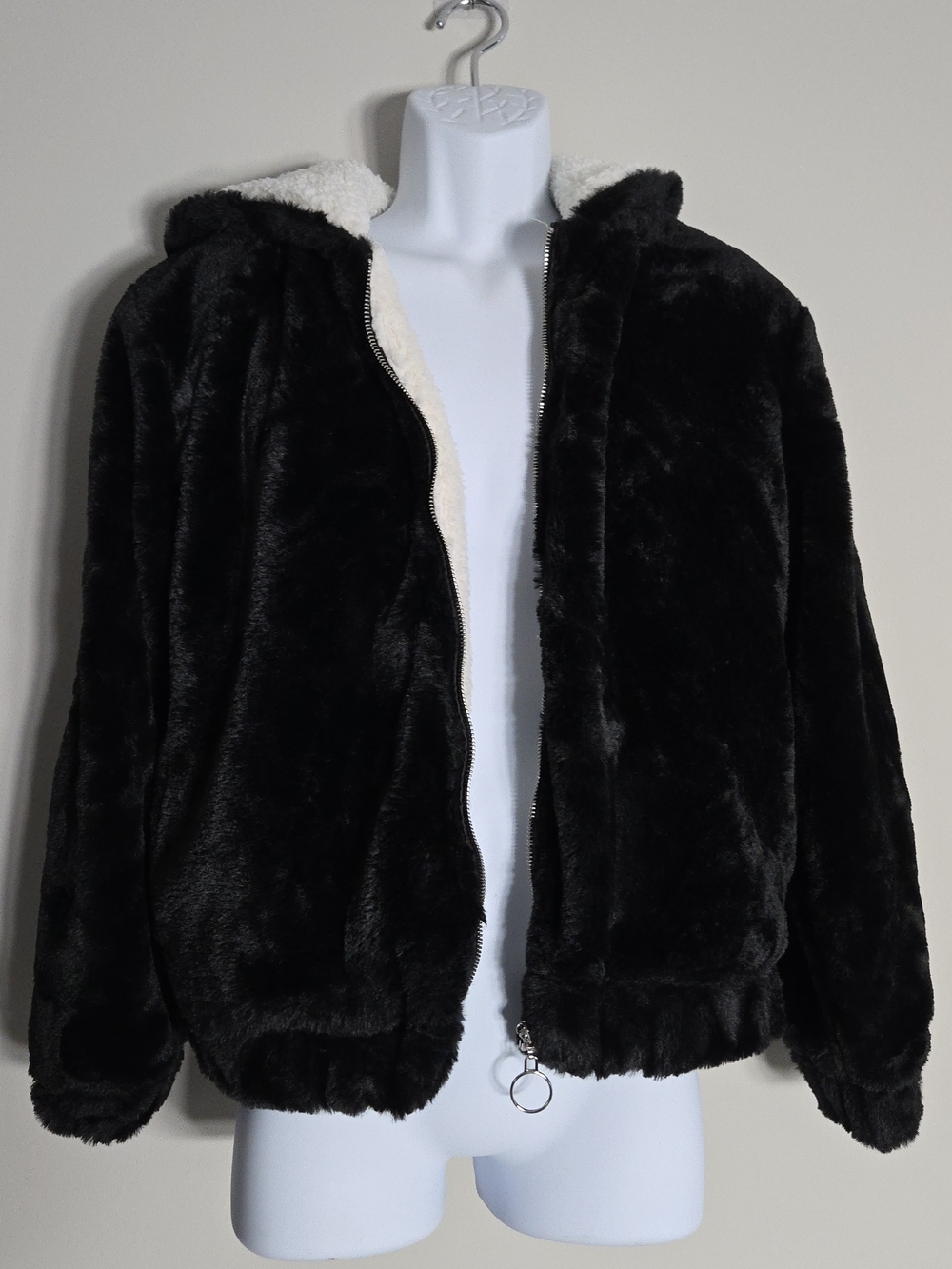 Forever 21 Black and Cream Sherpa Hoodie Jacket